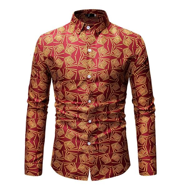 

red gold printed shirt 2019 new court slim fit party wedding shirt men camisa homem male long sleeve floral plus size 3xl, White;black
