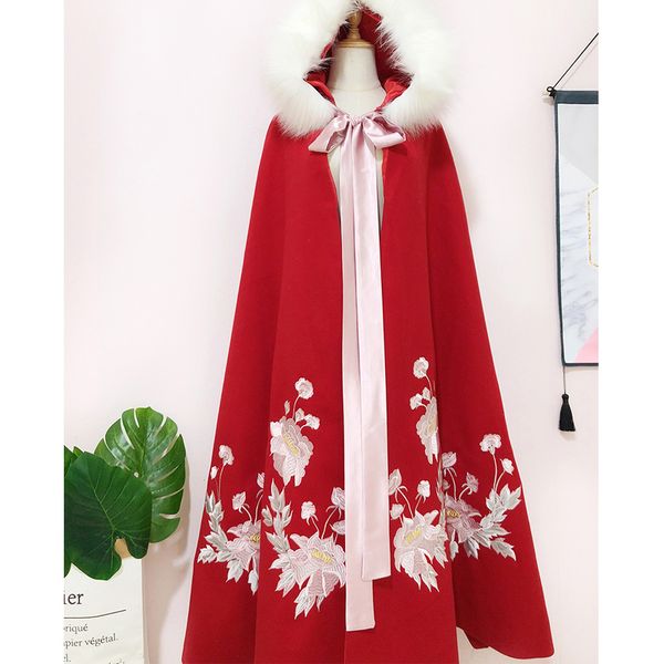 

ancient chinese costume women hanfu hooded fur collar long cloak red hanfu cloak winter national outfit stage dress sl1398, Black;red