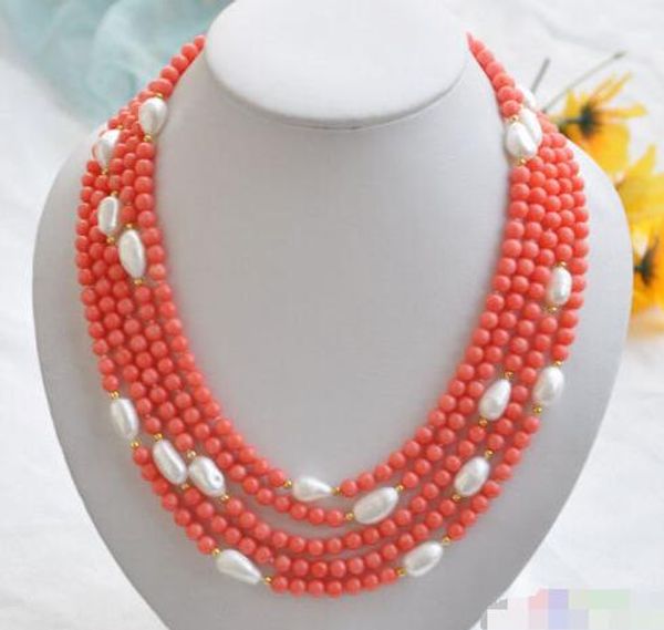 

wholesale 5row natural 21 rose coral white baroque pearl necklace, Silver