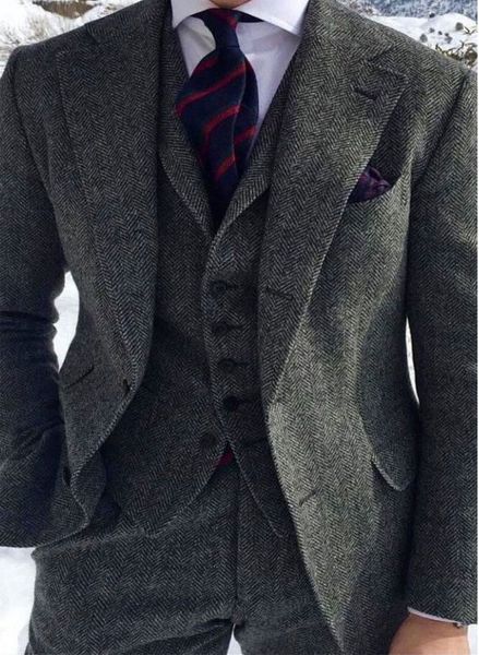 Ternos masculinos de lã espinha de peixe cinza, 3 peças, mistura de tweed, vintage, peaky blinder, vestido de noivo, smoking, terno de baile, jaqueta, calças, vest257j