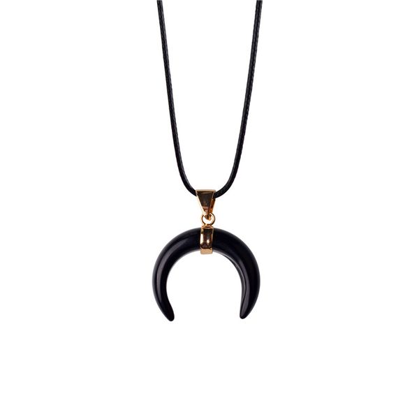

natural stone black horn necklace moon crescent shape leather chain healing crystal quartz pendant necklaces classic jewelry