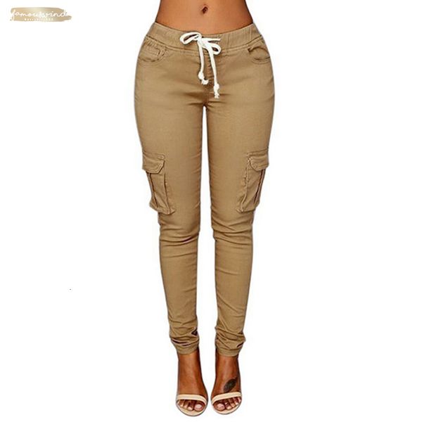 

весна 2019 талии шнурка вскользь женщина брюки твердого карандаш брюки multi-кармана плюс размер прямых брюки тонкого fit, Black;white