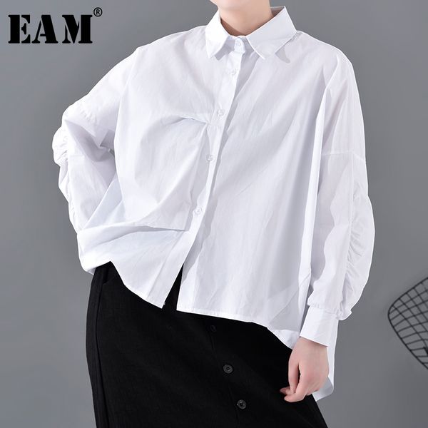 

eam] women white asymmetrical big size blouse new lapel long sleeve loose fit shirt fashion tide spring autumn 2020 1n18900