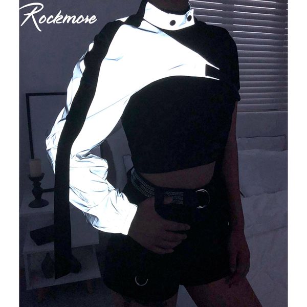 

rockmore neon green reflective t shirt women tshirt harajuku one shoulder off gothic hip hop streetwear tee shirt femme fall, White
