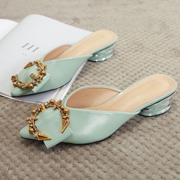 

summer women pumps plus size 34-43 shallow pointed toe metal buckle low heels shoes slip on mules slippers ladides slides shoes, Black