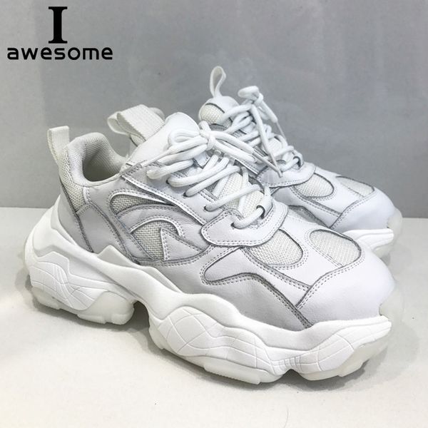 

white genuine leather fashion women's chunky sneaker 2019 platform women dad sneakers thick sole shoes lace-up casual flats, Black