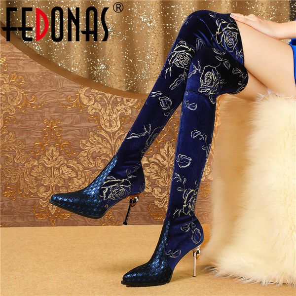 

fedonas women over the knee boots 2020 autumn winter high heels boots for women elegant embroider party prom dancing shoes woman, Black