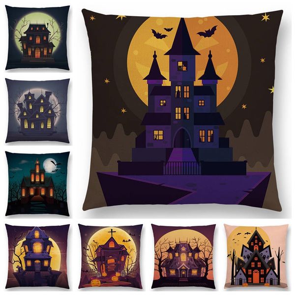 

happy halloween scary night haunted house vampire castle full moon bat pumpkin dark cushion cover decorative pillow case