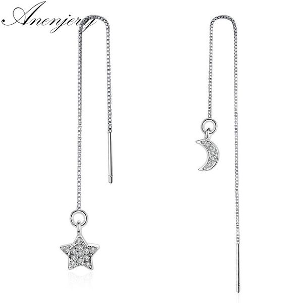 

anenjery 925 sterling silver earring chain micro zircon asymmetrical star moon long tassel earrings for women oorbellen s-e614