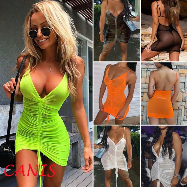 

2020 women mesh cover up sheer see through sleeveless bodycon club mini short dress, White;black