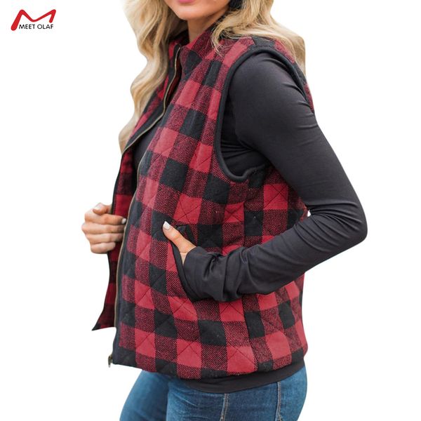 

2019 new autumn winter plaid down cotton waistcoat women large pockets vest casual lightweight zipper sleeveless jacket ca3373, Black;white