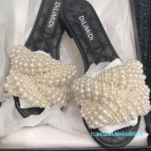 

2019 women summer luxurious pearl bead slipper ladies peep toe handwork flat gladiator sandals women fashion casual shoes 01c t04, Black
