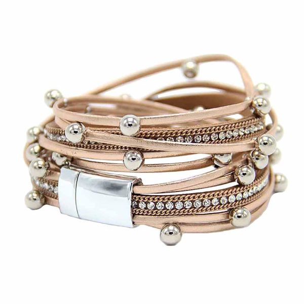 

multi layer beaded rhinestone faux leather rope women magnet button bracelet new, Black