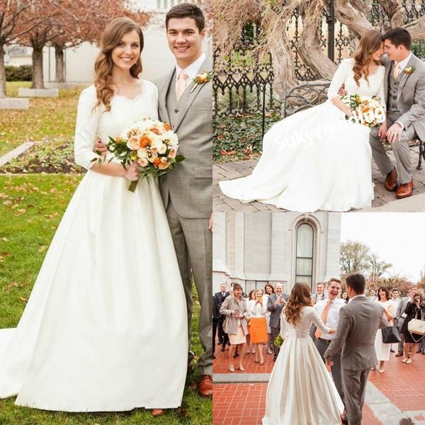 

2020 elegant stain country wedding dresses with 3/4 long sleeves modest lace plus size outdoor garden bridal gowns with covered button