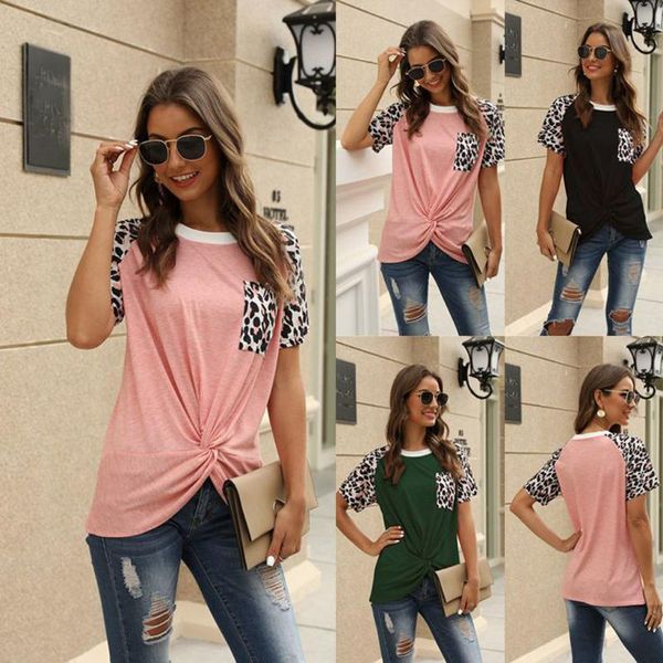 

women's t-shirt fashion leopard knot casual women tshirt pocket o-neck ladies summer female short sleeve shirt blusas pullover, White