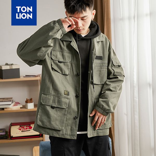 

tonlion 2020 new jacket men autumn spring mens outerwear jackets multi pockets turn-down collar mens loose solid cotton, Black;brown