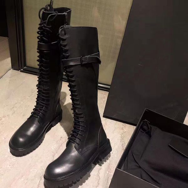 

woman ann luxury designer brand new demeulemeester lace-up leather knee boots genuine leather fashion original factory shoes boots, Black