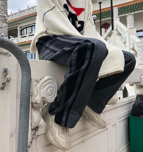 

side zipper striped retro contrast color trousers men and women streetwear loose casual pants harajuku oversize hip hop pants, Black