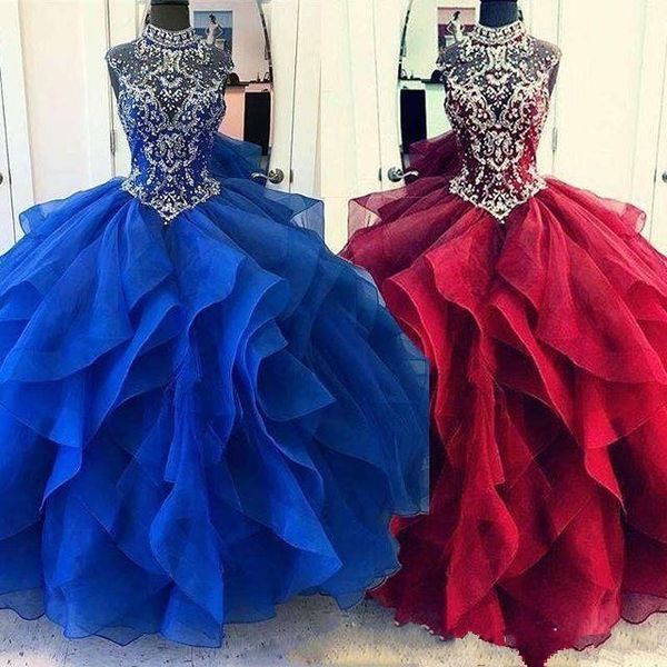 

2019 элегантные хрустальные бусины quinceanera платья с высоким воротом оборками многоуровневая юбка из органзы swwet 16 18 выпускного вечер, Blue;red