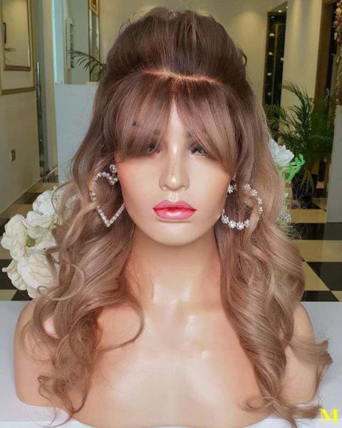 

bang wigs ombre blonde wavy brazilian preplcuked remy human hair lace front wigs for women 180density gluelss full lace, Black;brown