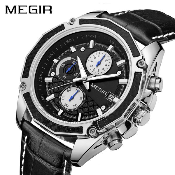 

megir official quartz men watches fashion genuine leather chronograph watch clock for gentle men male students reloj hombre 2015, Slivery;brown