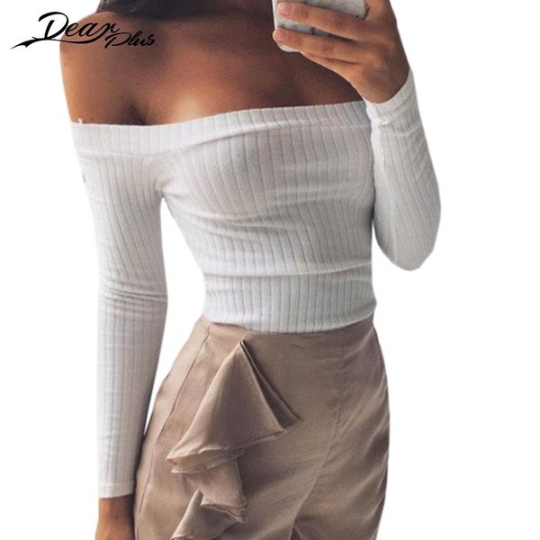 

спандекс сексуальная слэш шеи с длинным рукавом вязать растениеводство топ женщины с плеча оболочка стрейч тонкий рубашки топы осень зима тр, White