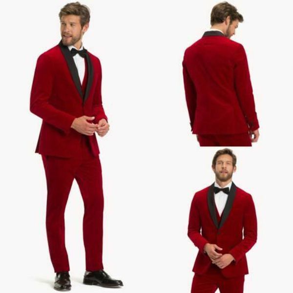 3 pezzi abiti da sposa da uomo in velluto rosso scialle nero bavero sposo abiti formali smoking da ballo miglior uomo blazer (giacca + gilet + pantaloni)