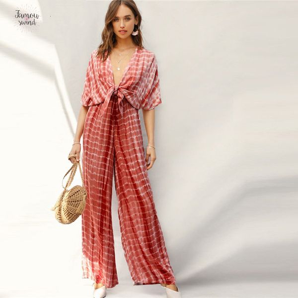 

rust plunging jumpsuit split knot front neck tie dye palazzo deep v neck solid high waist maxi wide leg jumpsuits, Black;white