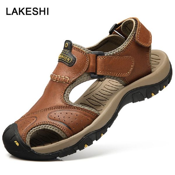 

men sandals 2019 new genuine leather sandals men casual shoes sneakers outdoor summer beach shoes male rubber sole sandalias, Black