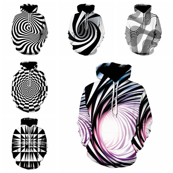 

men's 3d personality vortex series printing hooded sweater long sleeves pullover sportswear black and white sweatshirts loose warm coat