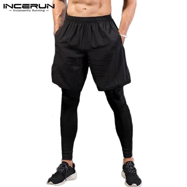 

incerun 2020 men sweatpants bodybuilding joggers elastic waist soft trousers men fitness track pants fake two pieces pants s-5xl, Black