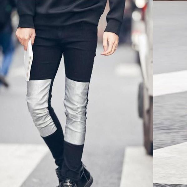

men's jeans trendy plus size harajuku punk skinny feet pencil pants silver spray coating patch beggar, Blue