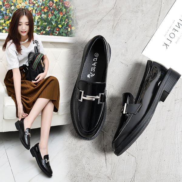 

loafers women's 2020 spring new style slip-on students small leather shoes women's chunky-heel round-toe flat keel thin shoes wo, Black