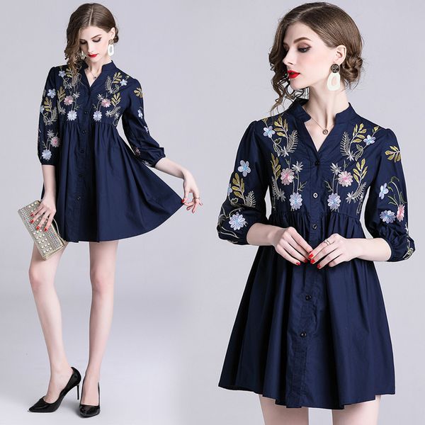 

england style embroidered mid-length a-line high waist slim v-neck dress fashion casual lady high street party dress, Black;gray