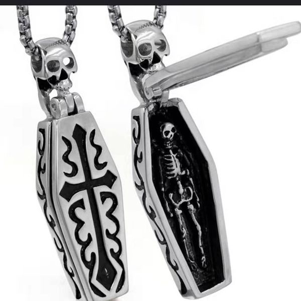 

pendant necklaces secret boy gothic men human skeleton vampire skull coffin necklace chain cross choker jewelry vintage christmas gift, Silver