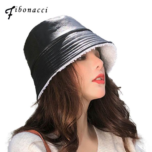 

fibonacci 2019 new fashion faux leather hat women's lamb cashmere pu bucket hats personality popular basin winter cap