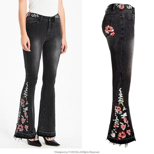 

women fashion embroidery jeans woman elastic black jeans spring autumn flare denim pants f806, Blue