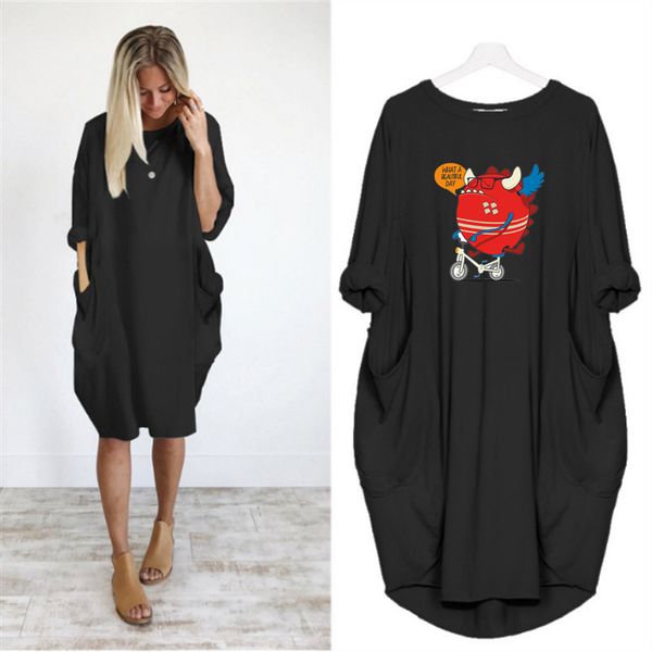 

designer womens dress new brand one piece loose women cloth knee length dress with cartoon printing casual style size s-5xl wholesales, Black;gray