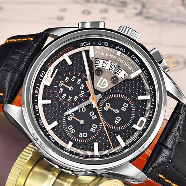

42mm pagani design black dial multifunctional quartz watch men's orange leather strap sports watch, Slivery;brown