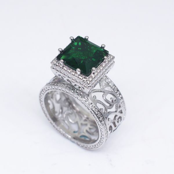 

creative green square crystal zircon princess rings exaggerated hollow pattern wedding anniversary rings jewelry gifts anillos, Golden;silver