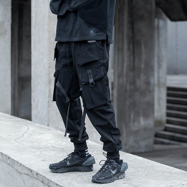 

men's pants fashion men hip-hop streetwear ribbon overalls leisure pocket elastic waist trousers sweatpants, Black