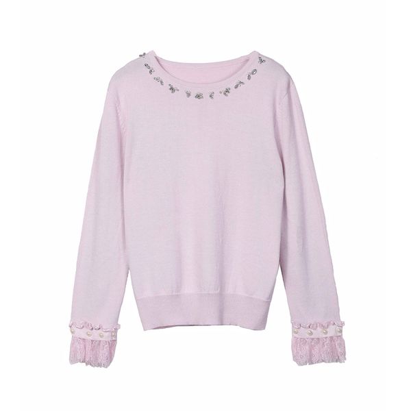 

mijko 2018 autumn new women's sweater commuter slim pullover sweater knit lace stitching bead solid color high quality, White;black