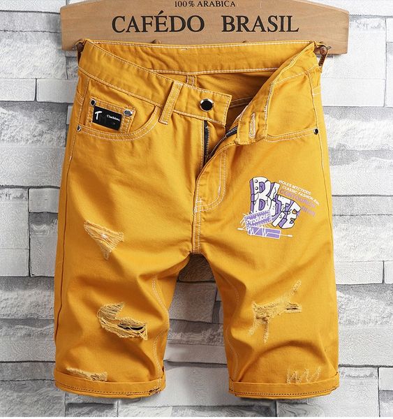 

men cotton denim shorts new fashion men summer yellow short jeans straight holes denim shorts size 38, Blue