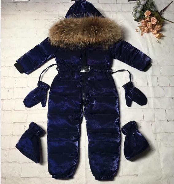 

2019 winter baby girl down coat baby clothes print outerwear fur hooded children's snowsuit down overall child jumpsuit romper, Blue;gray