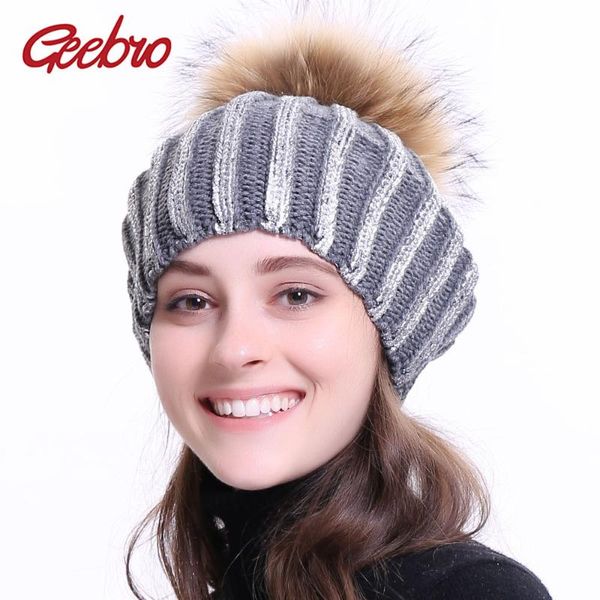 

geebro women's bronzing black berets hat ladies spring casual knit acrylic french beret cap with real raccoon fur pompon, Blue;gray