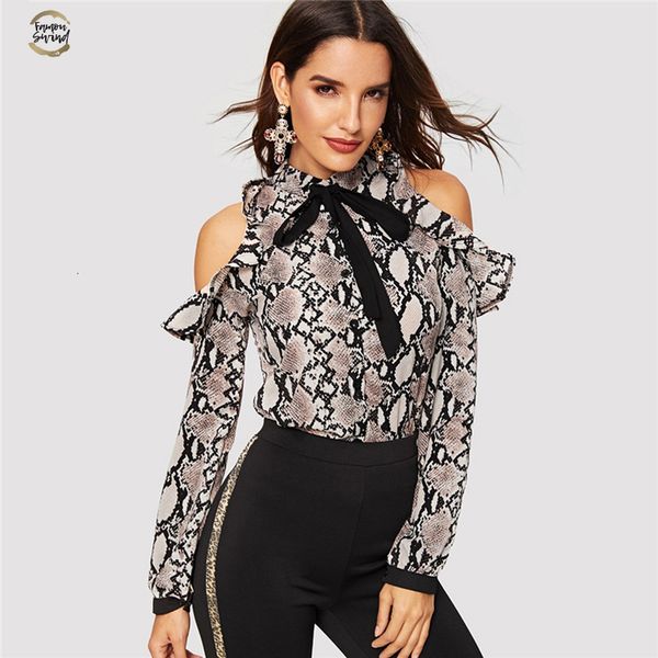 

tie neck cold shoulder animal print snake print blouse shirt long sleeve women shirts ruffles womens clothing ladies blouses, White