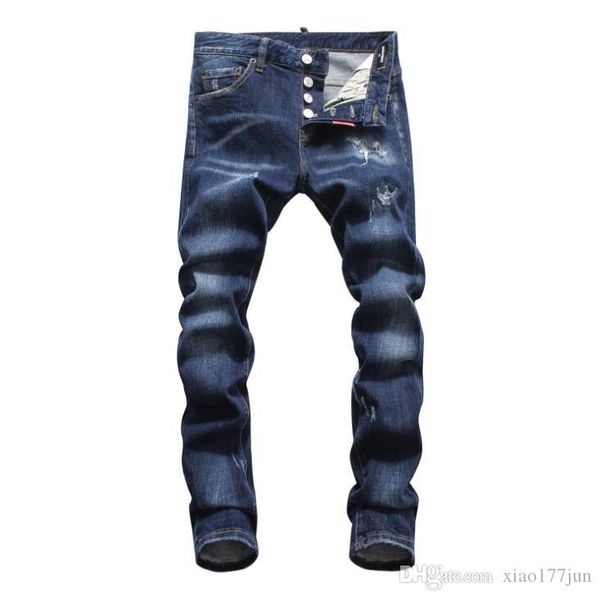 

горячие 2019 мужчины рваные denim рвущие джинсы темно-синий хлопок моды tight весна осень мужские брюки a8059, Blue
