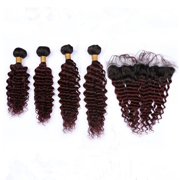 2019 Indian Human Hair Ombre Burgundy Deep Wave Weaves With Frontal Closure 1b 99j Wine Red Ombre Deep Wavy 4bundles With Lace Frontal 13x4 From