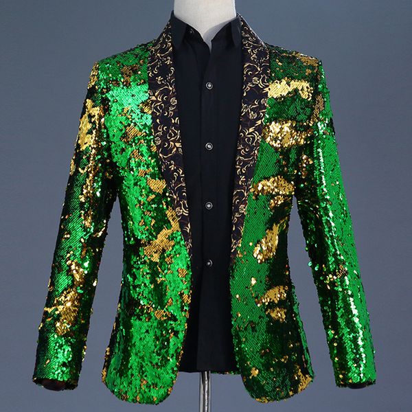 

2019 new design night bar club stage dj performance clothing male singer two-color colorful sequins slim suit men blazer xz38, White;black