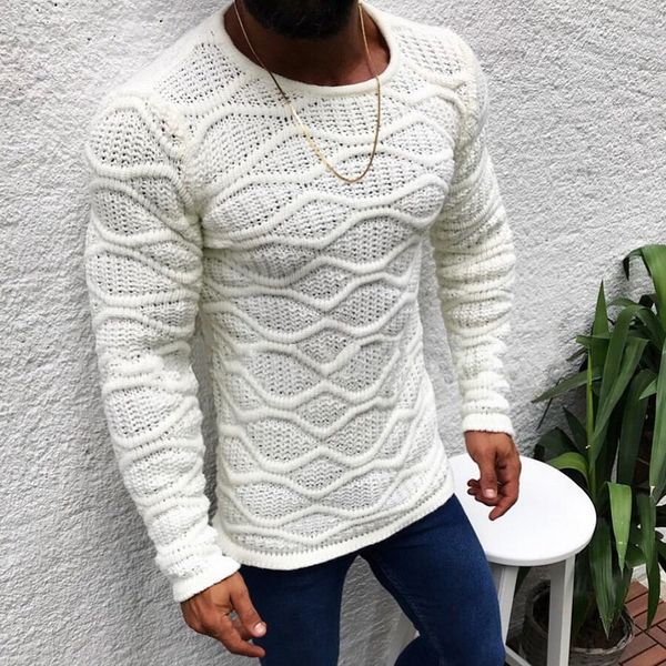 

litthing 2019 new autumn winter men's casual solid color round neck slim fit knitted pullover long-sleeved thin sweater, White;black
